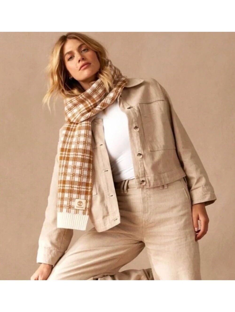 Timberland Buffalo Plaid Scarf Wheat Cream Beige Unisex 64x10 Winter Fall NWT